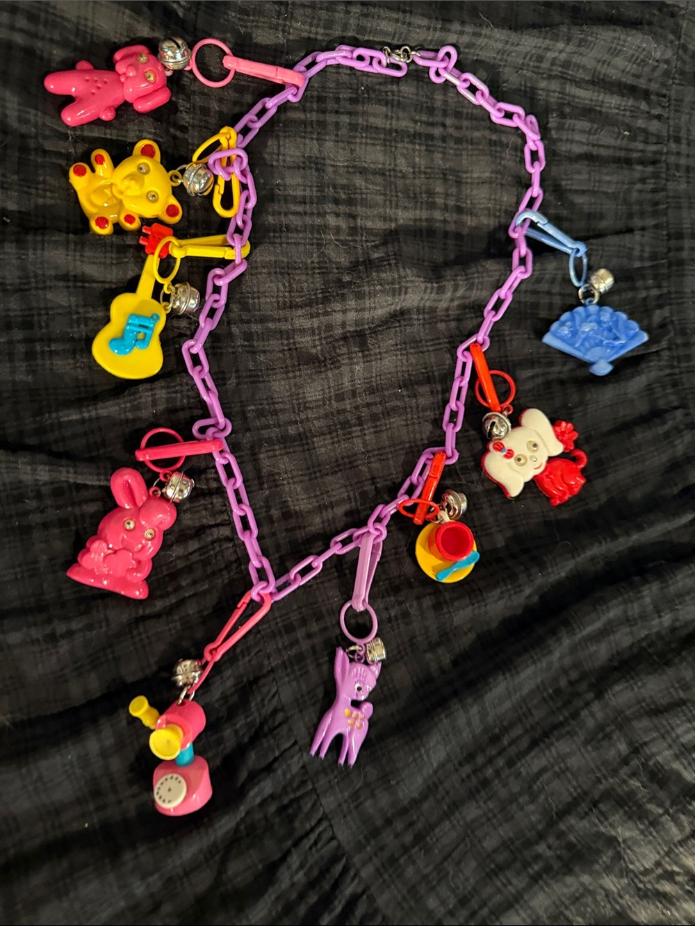 Vintage 80s charm necklace with phone, tea cup, and guitar charms!